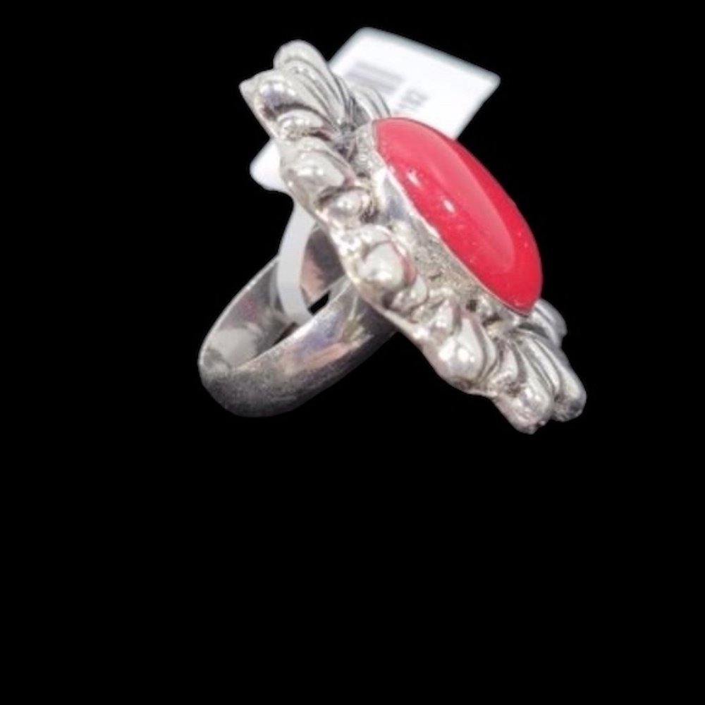 Ring Size 7 German Silver with Coral Stone Jewelry Women Men Accessories Fashion